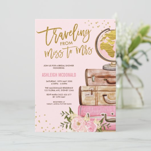 Roze & Gouden Bloemen Reizen Vrijgezellenfeest Kaart (Staand voorkant)