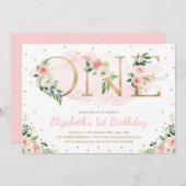 Roze Gouden Bloemen Rozen 1e Eerste Verjaardagsfee Kaart (Voorkant / Achterkant)
