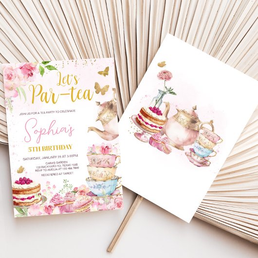 Roze Gouden Bloemen Thee Par-Tea Verjaardagsfeest Kaart