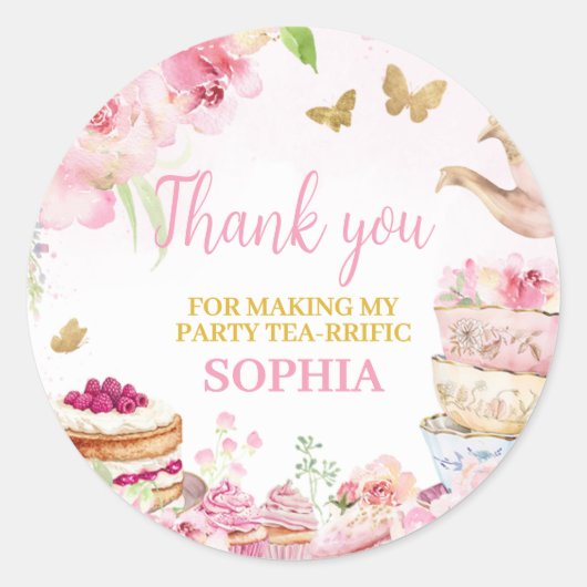 Roze Gouden Bloemen Thee Par-Tea Verjaardagsfeest Ronde Sticker (Voorkant)