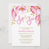 Roze Gouden Bloemen Waterverf Sip and See Invitati Kaart (Voorkant)