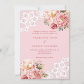 Roze gouden bloemen witte kant bruiloft kaart (Voorkant)