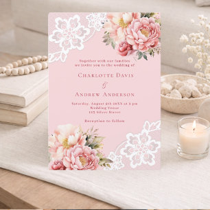 Roze gouden bloemen witte kant bruiloft kaart