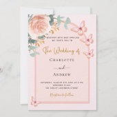 Roze gouden bloemenboog QR-code RSVP luxe trouwdag Kaart (Voorkant)