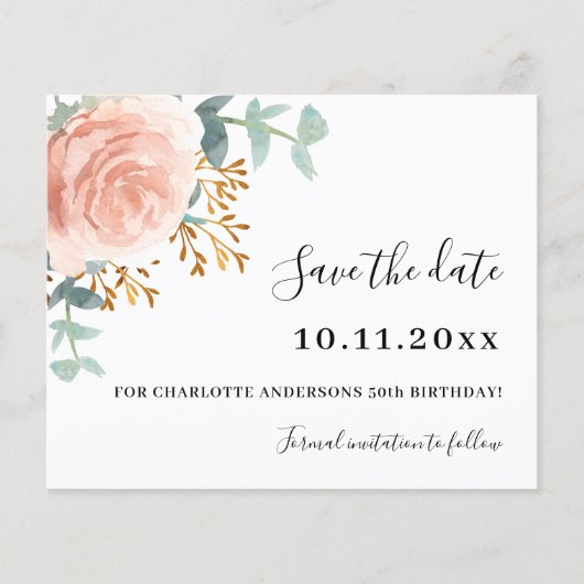 Roze gouden bloemenkaart voor verjaardagsaankondig (Voorkant)