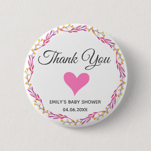 Roze & Gouden Bloemenkrans Dank Je Wel Baby Shower Ronde Button 5,7 Cm