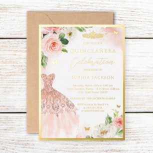 Roze Gouden Bloemenkrans Tiara Jurk Elegante Quinc Folie Uitnodiging