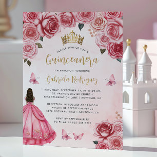 Roze Gouden Bloemige Aquarel Quinceañera Kaart
