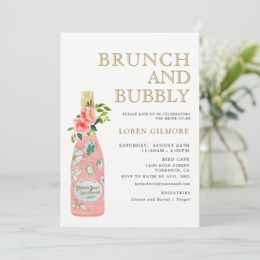 Roze gouden bloemige brunch en bubbels bruidsfeest kaart (Staand voorkant)