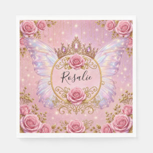 Roze & Gouden Bloemige Feeën Prinses Rozen Vlinder Servet