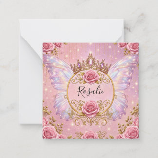 Roze & Gouden Bloemige Feeënprinses Rozen Vlinder Notitiekaartje