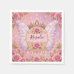 Roze & Gouden Bloemige Feeënprinses Rozen Vlinder Servet