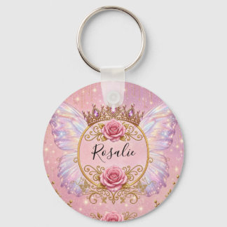 Roze & Gouden Bloemige Feeënprinses Rozen Vlinder Sleutelhanger