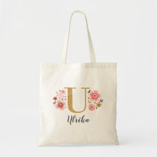 Roze Gouden Bloemige Monogram Letter "U" Tote Bag