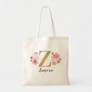 Roze Gouden Bloemige Monogram Letter "Z" Tote Bag