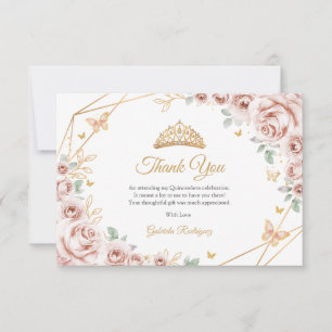 Roze Gouden Bloemige Quinceanera Bedankkaart