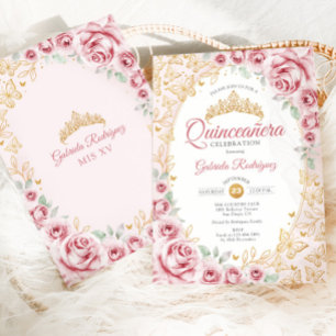 Roze Gouden Bloemige Quinceanera Kaart