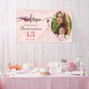 Roze Gouden Bloemige Quinceañera Verjaardags Welko Spandoek