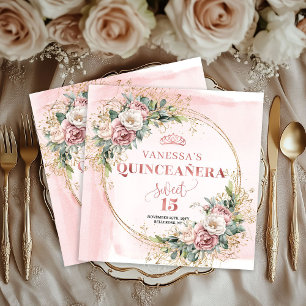 Roze Gouden Bloemige Sweet 15 Verjaardagsfeest Ser Servet