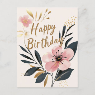 Roze Gouden Bloemige Verjaardag Briefkaart