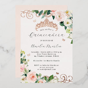 Roze Gouden Blush Bloemrijke Swirl Quinceanera Folie Uitnodiging