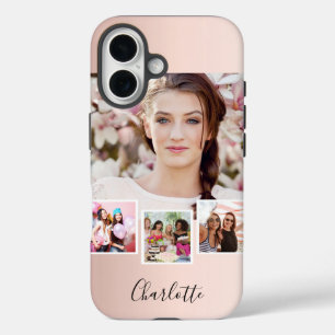 Roze gouden blush fotocollage naam iPhone 16 hoesje