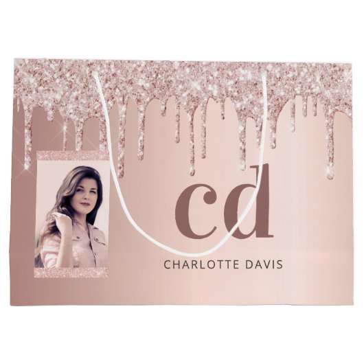 Roze gouden blush glittersparels foto monogram groot cadeauzakje (Achterkant)