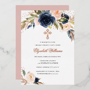 Roze Gouden Blush Navy Bloemen Meisje Doop Folie Uitnodiging