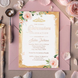 Roze Gouden Blush Quinceanera Bloemrijke Sparkle T Folie Uitnodiging
