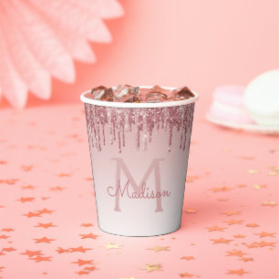 Roze Gouden Blush Roze Glitter en Glans Monogram  Papieren Bekers
