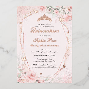 Roze Gouden Blush Roze Vlinder Bloemige Quinceaner Folie Uitnodiging
