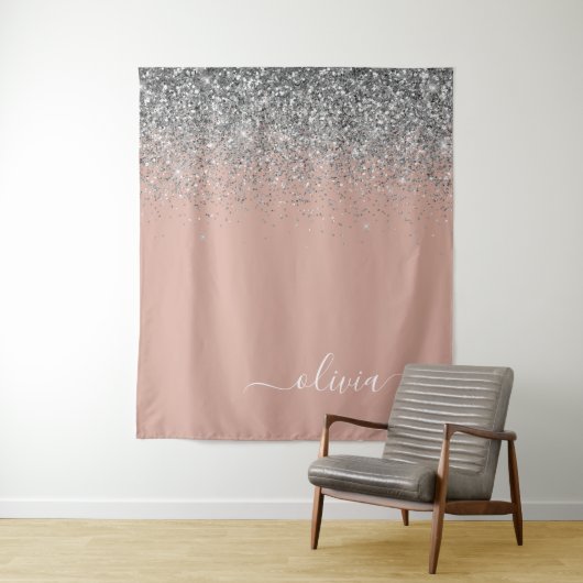 Roze Gouden Blush Roze Zilver Glitter Monogram Jon Wandkleed (In situ)