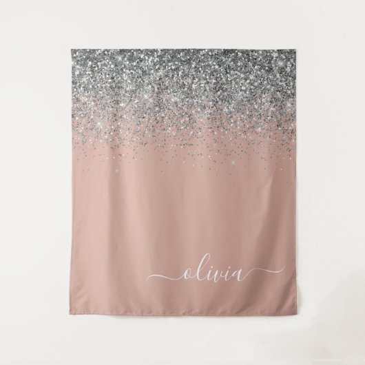 Roze Gouden Blush Roze Zilver Glitter Monogram Jon Wandkleed (Voorkant)
