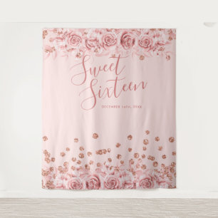 Roze Gouden Blush Sweet 16 Glitter Confetti Bloeme Wandkleed