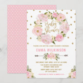 Roze & Gouden Boho Bloemen Baby shower Uitnodiging (Voorkant / Achterkant)