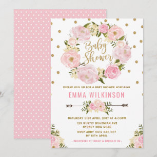 Roze & Gouden Boho Bloemen Baby shower Uitnodiging