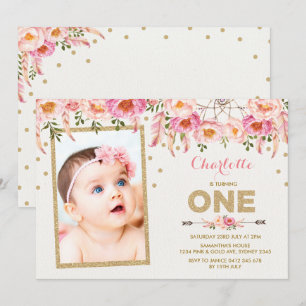 Roze Gouden Boho Bloemen Eerste 1e Verjaardag Uitn Kaart