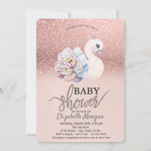 Roze Gouden Bokeh, Zwanen Bloemen Baby Shower Kaart