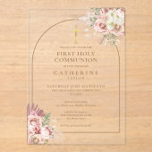 Roze Gouden Boog Pampas Gras Eerste Heilige Commun Acryl Uitnodigingen (Voorkant)