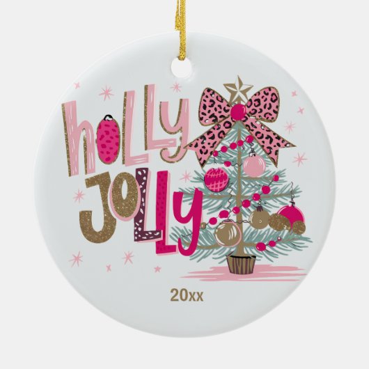 Roze Gouden Boom Holly Jolly Christmas Keramisch Ornament (Achterkant)