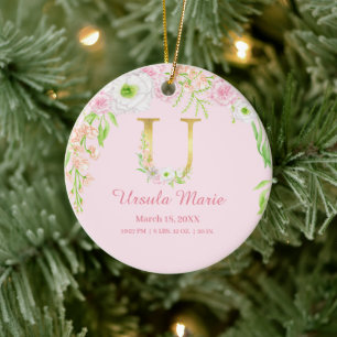 Roze & Gouden Brief "U" Bloemen Monogram Geboorte Keramisch Ornament