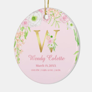 Roze & Gouden Brief "W" Bloemen Monogram Geboorte Keramisch Ornament