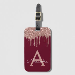 Roze Gouden Burgundy Glitter Glans Monogram Bagagelabel