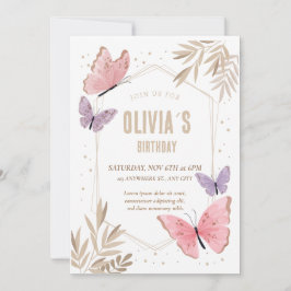 Roze, gouden Butterflies Cute Birthday Invitation Kaart