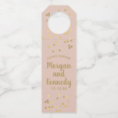 Roze Gouden Confetti Bruiloft Flessenlabel Flessenhanger (Voorkant)