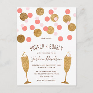 Roze & Gouden Confetti Brunch & Bubbly Invites Uitnodiging Briefkaart