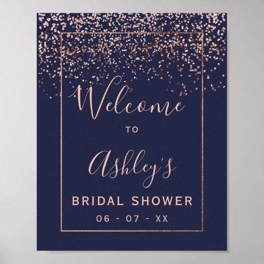 Roze gouden confetti marineblauwe bruidsdouche wel poster (Voorkant)
