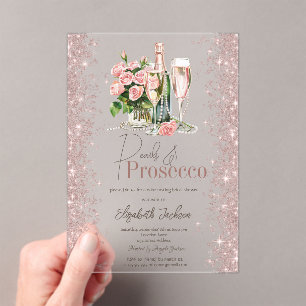 Roze Gouden Confetti Parels Prosecco Bruiloftsfees Acryl Uitnodigingen