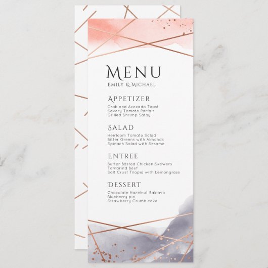 Roze Gouden Dageraad Waterverf Geometrische huweli Menu (Voorkant / Achterkant)
