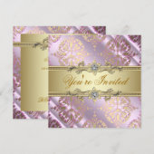 Roze Gouden Damast Feest Kaart (Voorkant / Achterkant)